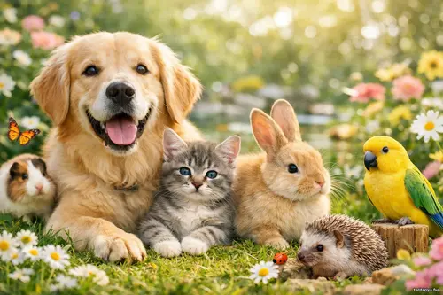 Компанія домашніх тварин у квітучому саду: золотистий пес, кошеня...