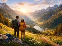 Двоє мандрівників із рюкзаками стоять на гірському схилі