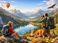 Мандрівники з рюкзаками на гірському схилі біля бірюзового озера...