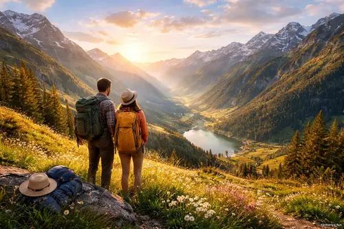 Двоє мандрівників із рюкзаками стоять на гірському схилі