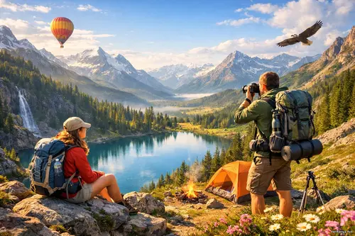 Мандрівники з рюкзаками на гірському схилі біля бірюзового озера...