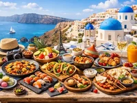 Панорамне зображення з різноманітними стравами світу на столі....