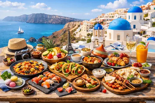 Панорамне зображення з різноманітними стравами світу на столі....