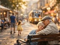 Літня пара ніжно обіймається на лавці посеред міської вулиці