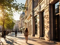 Світло і тінь на сонячній міській вулиці з перехожими та деревами