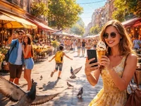 Яскравий вуличний кадр сонячного дня: люди на жвавій міській вулиці