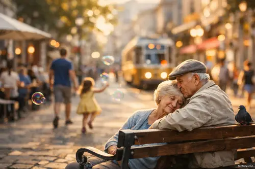Літня пара ніжно обіймається на лавці посеред міської вулиці