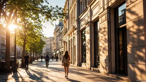 Світло і тінь на сонячній міській вулиці з перехожими та деревами