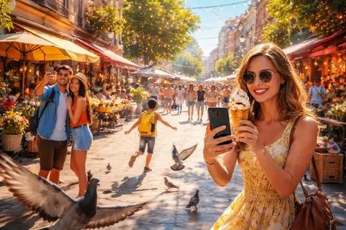 Яскравий вуличний кадр сонячного дня: люди на жвавій міській вулиці