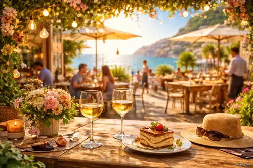 Затишне приморське кафе на заході сонця з келихами вина, десертом