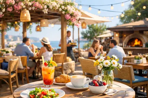 Сонячне прибережне кафе з кавою, круасаном, ягодами та напоєм на столі