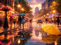 Яскрава міська вулиця після дощу у вечірньому світлі: мокра бруківка