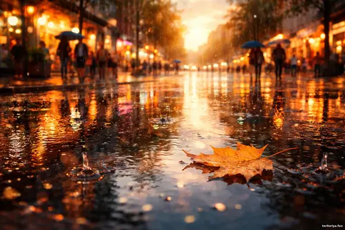 Вечірня міська вулиця після дощу з яскравими віддзеркаленнями у калюжі