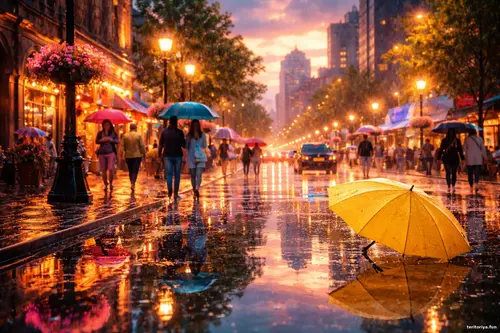 Яскрава міська вулиця після дощу у вечірньому світлі: мокра бруківка