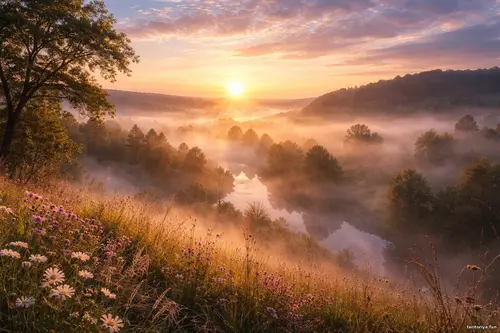 Світанок над туманною долиною з м’яким сонячним світлом, річкою