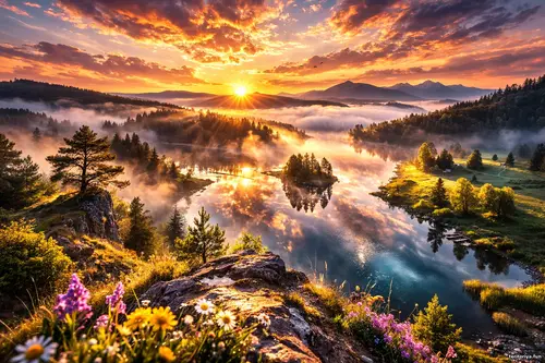 Тумани та світанки - Кадр дня Кадр дня: світанок над туманним озером, золоті промені крізь серпанок