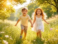 Кадр дня: двоє дітей біжать, тримаючись за руки, через квітучий луг