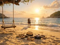 Сонячний пляж на заході сонця з гойдалкою на дереві, камерою