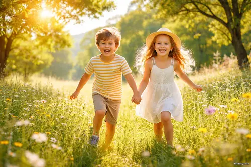 Кадр дня: двоє дітей біжать, тримаючись за руки, через квітучий луг