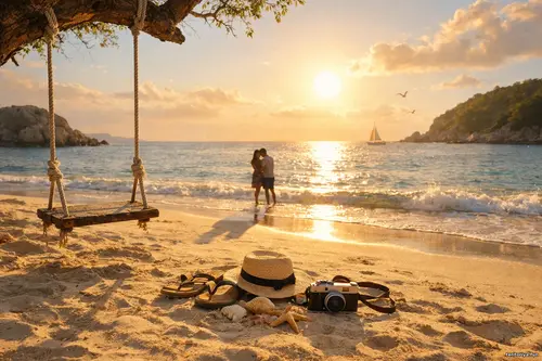 Сонячний пляж на заході сонця з гойдалкою на дереві, камерою