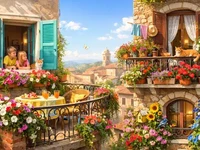 Кадр дня: сонячні вікна й балкони кам’яного будинку з квітами, дітьми