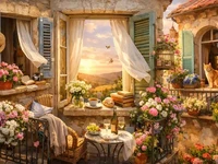 Сонячні вікна й балкони старовинного будинку з квітами