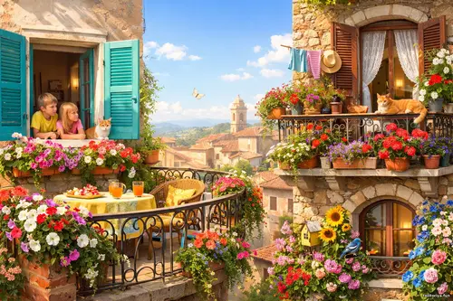 Кадр дня: сонячні вікна й балкони кам’яного будинку з квітами, дітьми