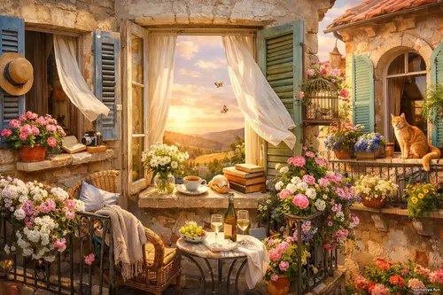 Сонячні вікна й балкони старовинного будинку з квітами