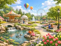 Яскравий сонячний парк із квітниками, водоймою з качками, містком