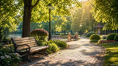 Світлий міський парк із затишною алеєю, дерев’яною лавкою під великим