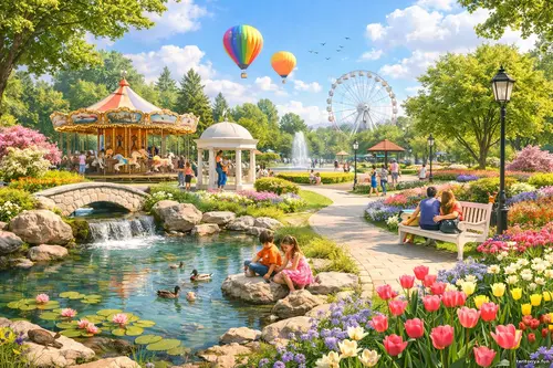 Яскравий сонячний парк із квітниками, водоймою з качками, містком