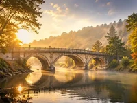 Кам’яний арковий міст над спокійною рікою у золотистому світлі