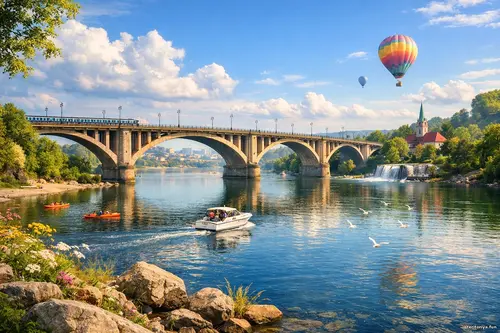 Кадр дня: арковий міст над спокійною рікою, поїзд на мосту, каяки