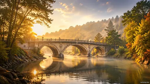 Кам’яний арковий міст над спокійною рікою у золотистому світлі