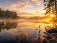 Спокійне озеро в золотому світлі світанку з туманом над водою, лісом