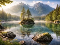 Тихе гірське озеро на світанку з невеликим острівцем сосен