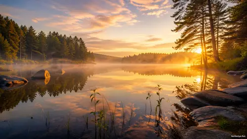 Спокійне озеро в золотому світлі світанку з туманом над водою, лісом