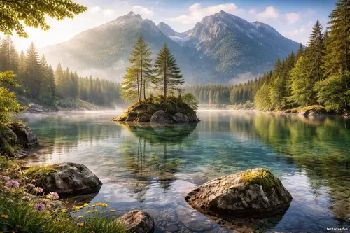 Тихе гірське озеро на світанку з невеликим острівцем сосен