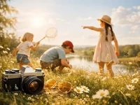 Теплий ретро-кадр: вінтажна камера й окуляри на луці, троє дітей грают