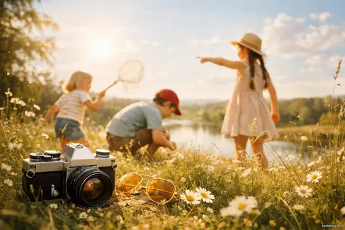 Теплий ретро-кадр: вінтажна камера й окуляри на луці, троє дітей грают