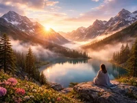 Жінка сидить на камені біля гірського озера на світанку, серед квітів