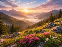 Світлий панорамний пейзаж гір на світанку: сонце над хребтами, туман..