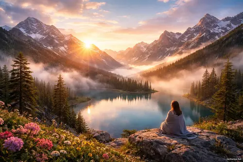 Жінка сидить на камені біля гірського озера на світанку, серед квітів