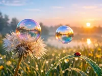 Дві райдужні мильні бульбашки над вкритими росою кульбабою і травинкою