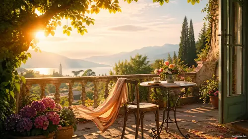 Мить, що лишилась: сонячна тераса з квітами, чашкою, шарфом на стільці