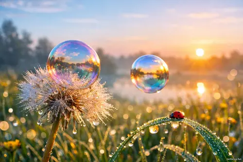Дві райдужні мильні бульбашки над вкритими росою кульбабою і травинкою