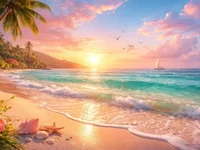 Світлий морський пейзаж із рожево-золотим заходом сонця