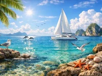 Яскравий морський горизонт із яхтою під білими вітрилами