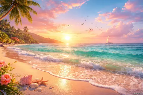 Світлий морський пейзаж із рожево-золотим заходом сонця