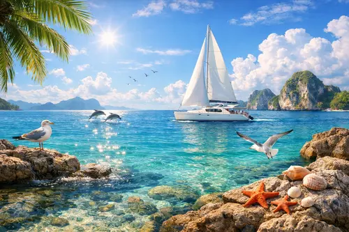 Морські горизонти - Кадр дня Яскравий морський горизонт із яхтою під білими вітрилами